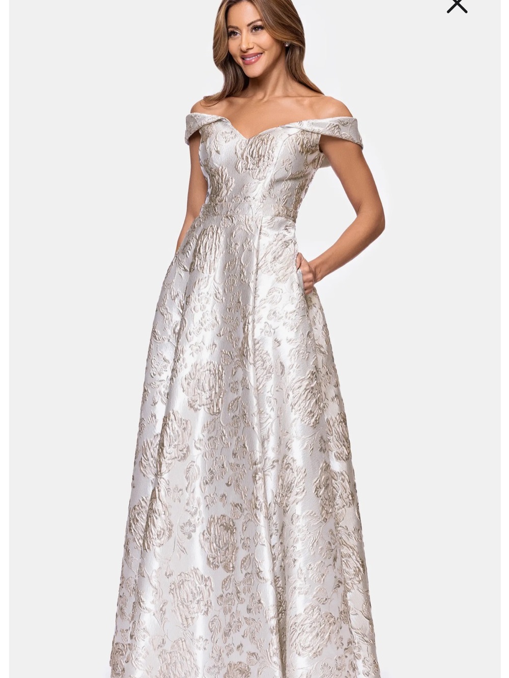 Xscape Off-Shoulder Jacquard Ball Gown in Taupe and Silver